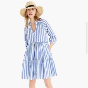 J Crew Tiered Popover Mini Dress in Blue & White Stripe Poplin